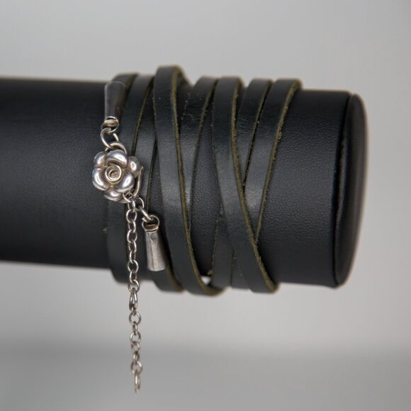 SOLD Vintage Leather Wrap Bracelet with Silver Rose Charm Closure - Picture 1 of 6